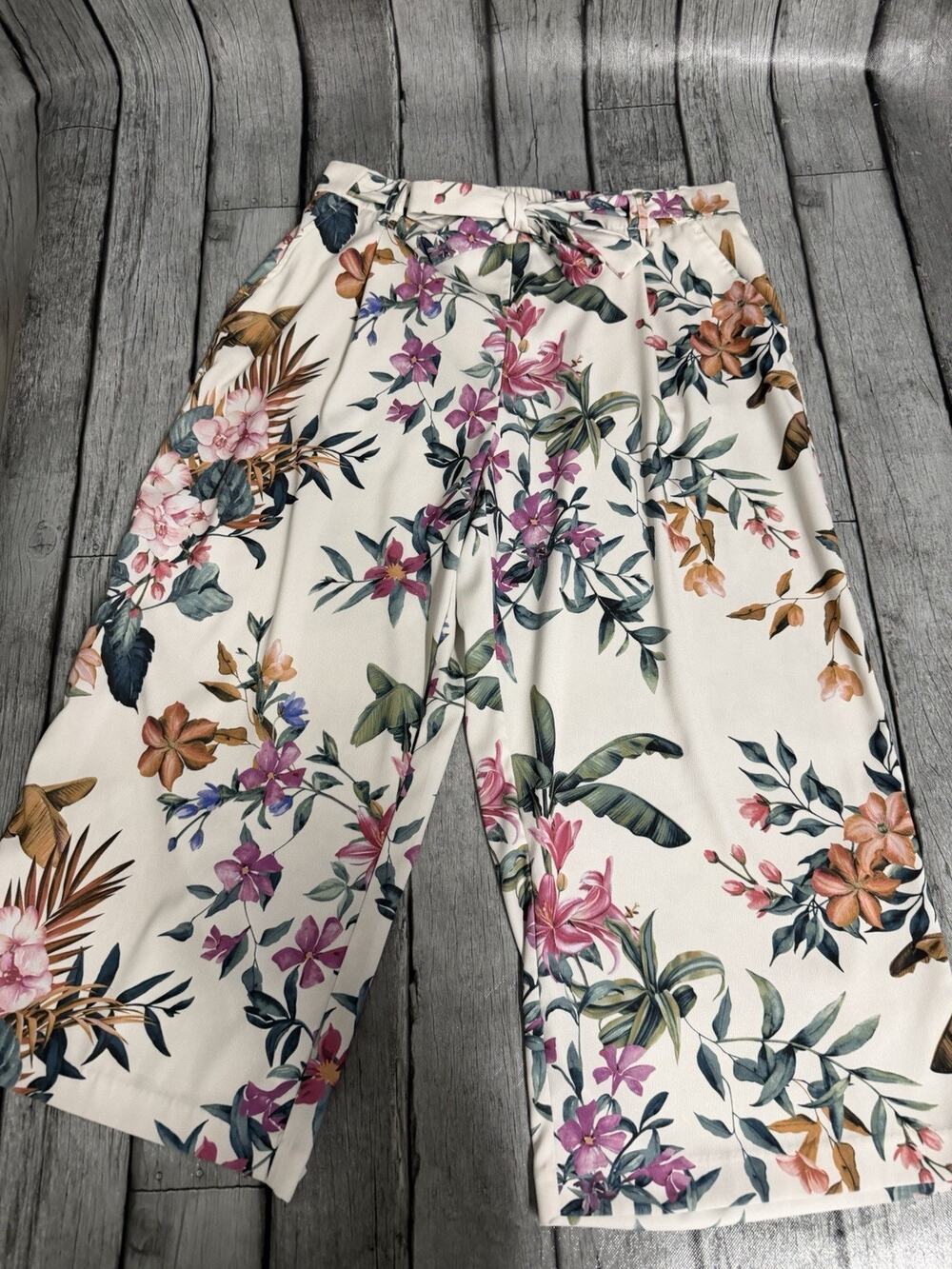 Women’s Eliane Rose Wide Leg Ankle Pants Tropical Floral Print Pockets Sz XL